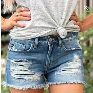 KanCan Mid Rise Cotton/Rayon Super Distressed Faded Mom Jean Shorts Size 7/27